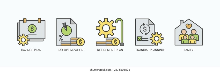 Legacy Building Icon Set Isolated Vector With Icon Of Savings Plan, Tax Optimization, Retirement Plan, Financial Planning, Family In Outline Color Style