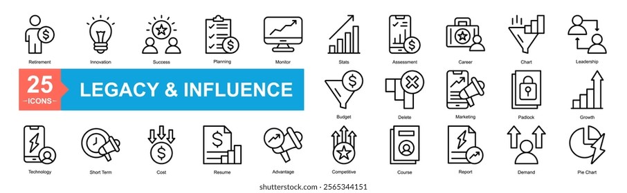 Legacy And Influence Icon Sheet Retirement, Growth, Innovation, Success, Planning, Monitor, Stats, Assessment, Career, Chart, Leadership, Technology, Short Term, Cost, Resume, Advantage, Competitive