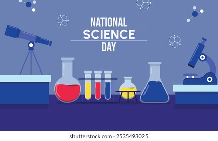 Legacy of Knowledge Blue background, 'NATIONAL SCIENCE DAY' in white at the top, and 'EST. 1947' underneath, highlighting a rich history in the pursuit of scientific excellence