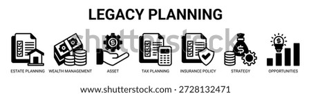 Legacy Planning web banner icon vector illustration concept with icon of estate planning, wealth management, asset management, tax planning, insurance policy, investment strategy, and opportunities.