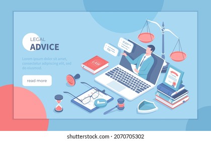 Legal Advice and Aid. Online services. A professional lawyer gives consultation through a laptop. Law and justice concept. Isometric vector illustration for poster, presentation, banner, website.