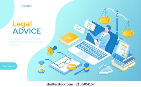 Legal Advice and Aid. Online services. A professional lawyer gives consultation through a laptop. Law and justice concept. Isometric vector illustration for website.	
