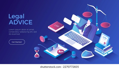 Legal Advice and Aid. Online services. A professional lawyer gives consultation through a laptop. Law and justice concept. Isometric landing page. Vector web banner.	
