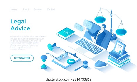 Legal Advice and Aid. Online services. A professional lawyer gives consultation through a laptop. Law and justice concept. Isometric illustration. Landing page template for web on white background. svg