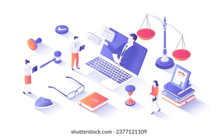 Legal Advice and Aid. Online services. A professional lawyer gives consultation through a laptop. Law and justice concept. Isometry illustration with people scene for web graphic.	
