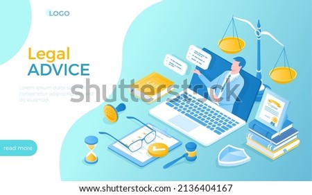 Legal Advice and Aid. Online services. A professional lawyer gives consultation through a laptop. Law and justice concept. Isometric vector illustration for website.	
