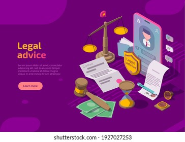 Legal advice banner. Isometric web page with scales, phone, gavel, hourglass, seal and documents. Online lawyer assistance for regulation legal issues, compliance to rules. Advocate attorney service