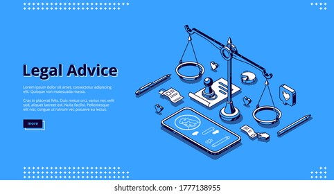 Legal advice banner. Online assistance of lawyer for regulation legal issues for compliance to rules. Vector landing page of advocate services with isometric illustration of scales and phone call