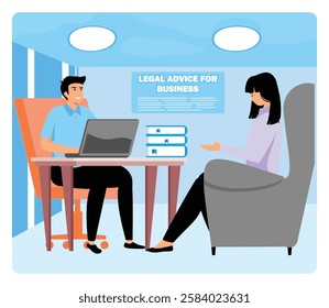 Legal advice for businesses. Two people sitting discussing commercial law.  Flat vector modern illustration 