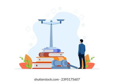 Legal advice concept. Law and justice scene. Characters sign legal contracts, lawyers consult with clients, judge knocks with wooden gavel. Flat cartoon vector illustration and icon.