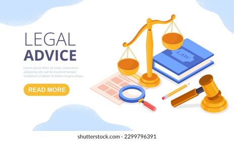 Legal advice concept. Magnifying glass with golden scales and large book. Jurisprudence and legal office. Landing page design. Verdict and judgment. Cartoon isometric vector illustration svg