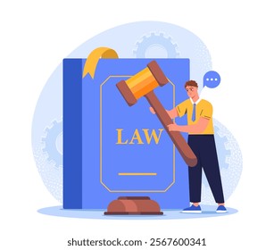 Legal advice concept. Man with judge gavel near large book of laws. Justice and judgement. Legal support and consultation. Lawyer and jurisprudence. Flat vector illustration