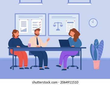 Legal advice from lawyer to clients about divorce. Female financial adviser discussing contract on meeting with couple of man and woman flat vector illustration. Consultation of attorney concept