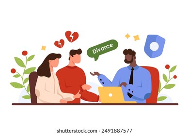 Legal advice from lawyer during divorce. Couple of married people with broken hearts above heads meeting with attorney to consult about marriage contract, alimony cartoon vector illustration