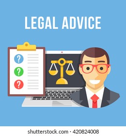 Legal advice. Lawyer, laptop with gold scale icon, clipboard with client questions. Creative flat design concept for website, web banner, infographics, printed materials. Modern vector illustration