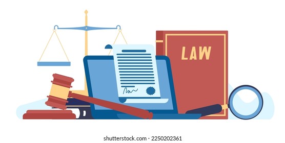 Legal advice and lawyers services. Professional attorney. Notary support. Judge decision. Scales and gavel. Magnifying glass. Business contract. Laptop and law book