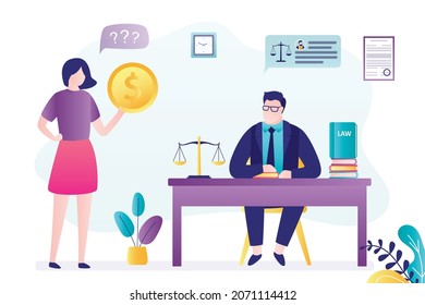 Legal advice. Male lawyer provides legal services. Lawyer helps people in court. Woman client with payment. Concept of law, justice and authority. Attorney or notary at workplace. Vector illustration