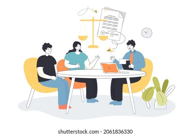 Legal Advice On Divorce From Attorney To Married Couple. Clients And Lawyer Discussing Financial Contract On Meeting Flat Vector Illustration. Lawyer Service, Law Assistance And Consultation Concept