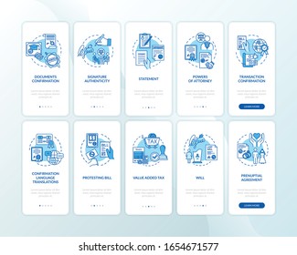 Legal advice onboarding mobile app page screen with concepts set. Law agency services walkthrough 5 steps graphic instructions. UI vector template with RGB color illustrations