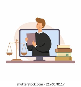 Legal advice online. Law firm. Lawyer uses computer for remote work.