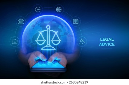 Aconselhamento jurídico através de um aplicativo de smartphone. Conceito de negócio de aconselhamento de advogado online. Advogado. Internet como serviços jurídicos digitais em linha. Globo de planeta Terra. Smartphone em mãos. Ilustração vetorial.