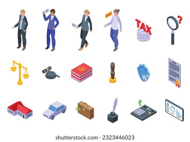 Legal adviser icons set isometric vector. Office law. Internet jury