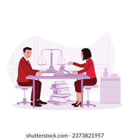 Legal advisor holds a meeting and gives the client a signed contract. Law concept. Trend Modern vector flat illustration