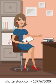Legal Advisor Office Flat Vector Illustration. Cheerful Businesswoman in Dress Cartoon Character. Young Secretary Sitting in Chair, Personal Assistant Holding Document. Psychologist Profession