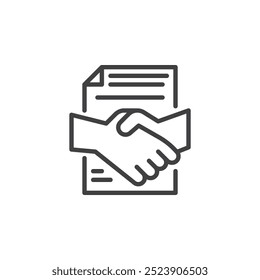 Legal Agreement line icon. linear style sign for mobile concept and web design. Two hands shaking over a document outline vector icon. Agreement, contract symbol, logo illustration. Vector graphics