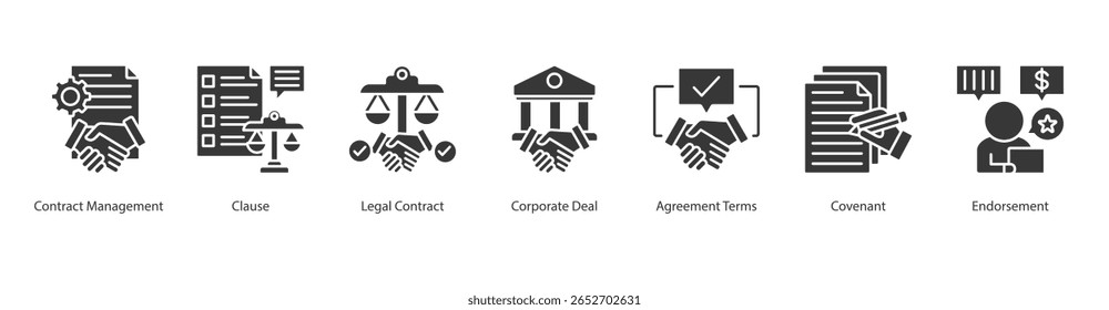 Acordos Legais banner web icon set vetor contract management, clause, legal contract, corporate deal, agreement terms, covenant, endorsement, Acordos Legais banner web icon set vetor contract management