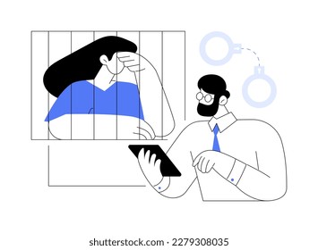 Legal aid abstract concept vector illustration. Professional lawyer meeting arrested client in prison, business people, legal aid service, presumption of innocence idea abstract metaphor.