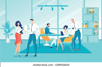 Legal Assistance Agency or Consultation Office. People, Men and women Cartoon Characters - Lawyers Giving Financial Advice to Client and Working with Documents in Interior. Flat Vector Illustration.