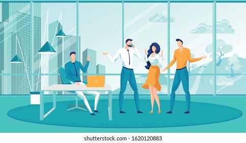 Legal Assistance in Emergency Case. Man and Woman Clients Turn to Lawyers in Emergency such as Car Accident or Property Damage and Emotionally Explain Situation. FLat Cartoon Vector Illustration.