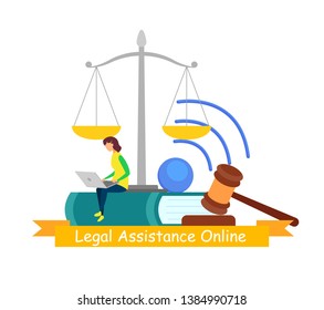 Legal Assistance, Online Consulting Web Banner. Business Consultant, Advisor Poster with Text. Law Webinar, E-learning Flat Vector Illustration. Lawyer, Attorney, Teacher, Student Cartoon Character