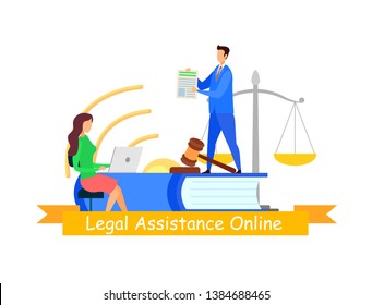 Legal Assistance Web Banner Flat Vector Template. Online Business Consulting Poster with Text. Law Distance Course, Webinar, E-learning Illustration. Lawyer, Teacher and Student Cartoon Character