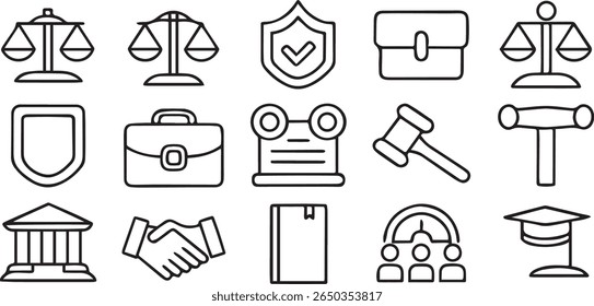 Legal e Attorney Icons, escala de justiça, tribunal, martelo, livro de lei, editável preto traço ícone conjunto
