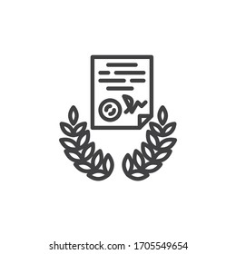Legal certificate document line icon. linear style sign for mobile concept and web design. Document with laurel outline vector icon. Symbol, logo illustration. Vector graphics