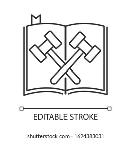 Legal code pixel perfect linear icon. Court statute. Law book. System of rules. Regulations. Thin line customizable illustration. Contour symbol. Vector isolated outline drawing. Editable stroke
