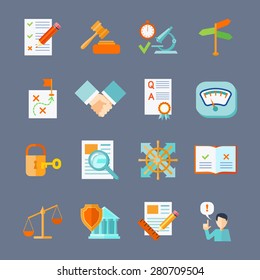 Legal compliance deal protection and copyright regulation flat icons set isolated vector illustration