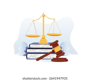 Legal concept with scales, books and gavel. gavel hammer as a symbol of law and order. Law concept, law book and Judge's gavel modern flat vector illustration.
