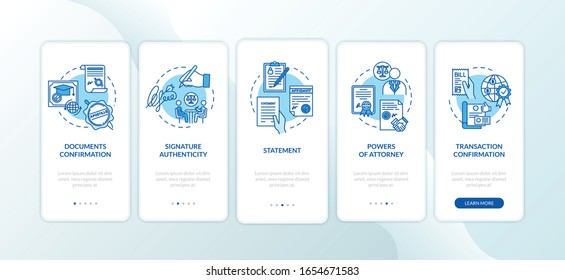 Legal consultation onboarding mobile app page screen with concepts. Legalization procedures. Walkthrough 5 steps graphic instructions. UI vector template with RGB color illustrations