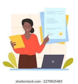 Legal contract, business agreement vector illustration. Cartoon tiny businesswoman character pointing with hand at signature on paper document, company lawyer showing information about success deal