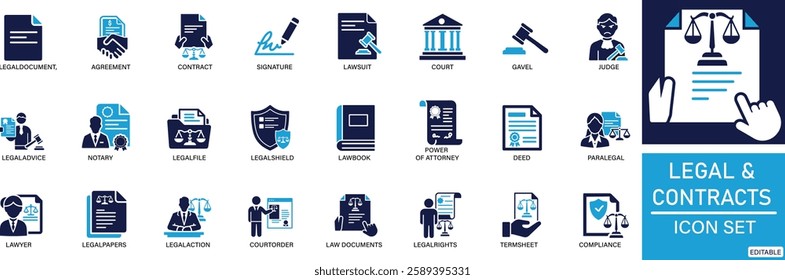 Legal  Contracts icon set Legal Document, Contract, Agreement, Signature, Lawsuit, Court, Gavel, Judge, Legal Advice, Notary You can easily change the color.