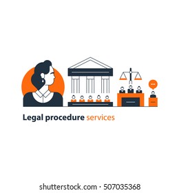 Legal court house trial services icons, lawyer man, advocacy attorney expert. Flat design vector illustration. Court house trial case