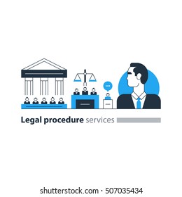 Legal court house trial services icons, lawyer man, advocacy attorney expert. Flat design vector illustration. Court house trial case