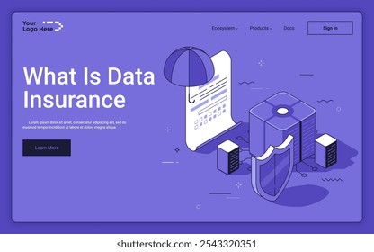 Política de cobertura legal con conjuntos de datos digitales y paraguas sobre fondo púrpura. Plantilla isométrica de la página de destino del seguro de datos. Protección de información virtual Ilustración vectorial 3d para página de Web