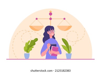 Legal decisions thinking. Girl with glasses and books stands against backdrop of scales. Jurisprudence and starting lawyer. Knowledge, education and selfdevelopment. Cartoon flat vector illustration