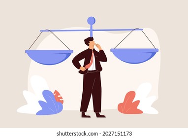 Decisiones legales que piensan en el concepto de derecho, juicio, elección de persona pequeña. Confusión de la estrategia del abogado y duda en la situación de equilibrio igualitario ilustración vectorial. Símbolo de medición y análisis de justicia.