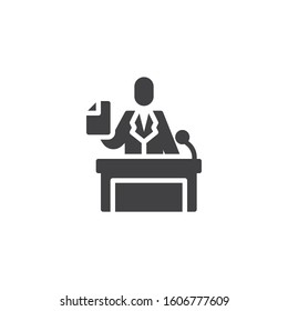 Legal Defence, Lawyer On Podium Vector Icon. Filled Flat Sign For Mobile Concept And Web Design. Advocate Or Barrister Giving Speech Glyph Icon. Symbol, Logo Illustration. Vector Graphics