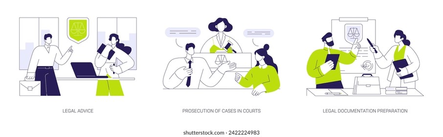 Legal department abstract concept vector illustration set. Legal advice for corporate business, prosecution of cases in court, legal documentation preparation, corporate lawer abstract metaphor.